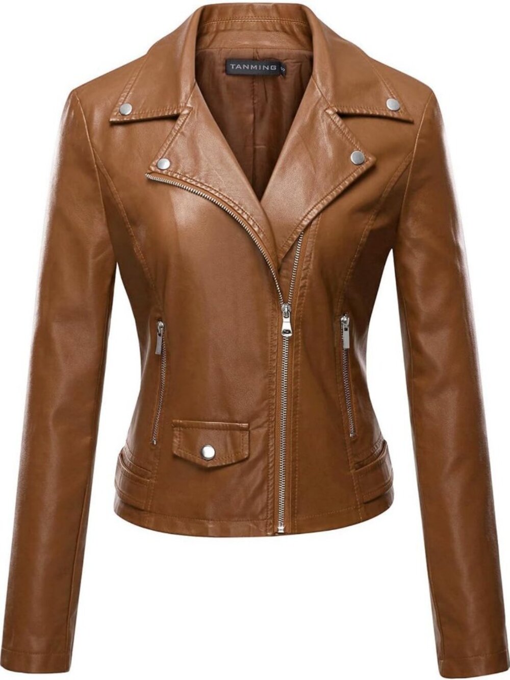 Chic Tan Faux Leather Moto Biker Jacket for Women - Stylish Short Coat